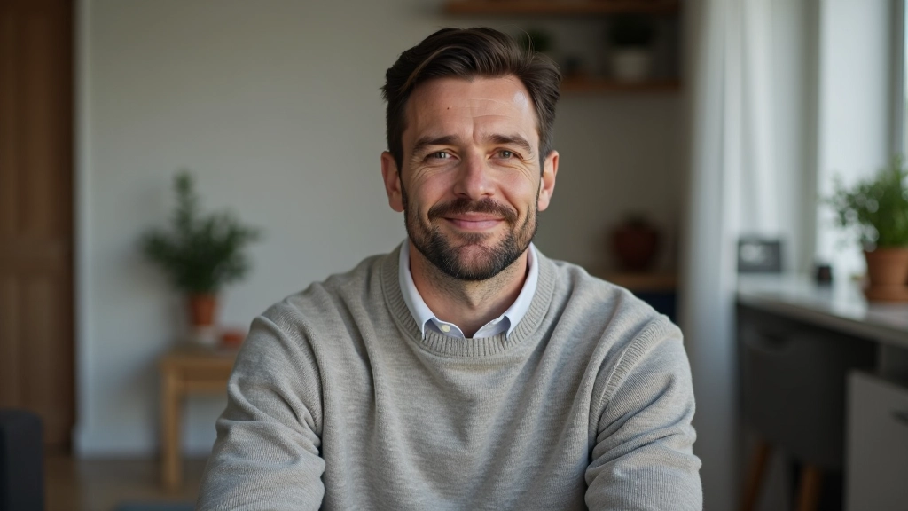 Man zit in meditatieve positie, rustige gezichtsuitdrukking, heldere achtergond, zenvolle sfeer
