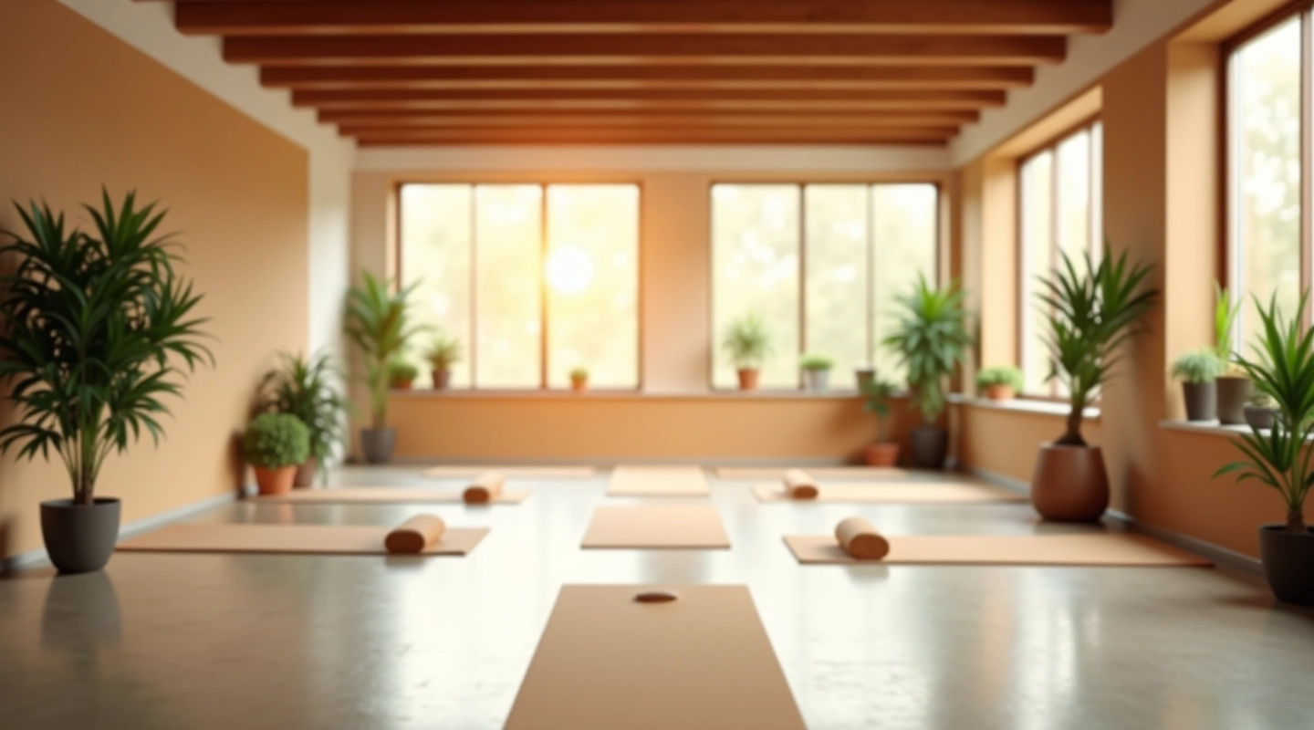 Trainingsruimte met meditative sfeer, zachte verlichting, yoga matten op vloer