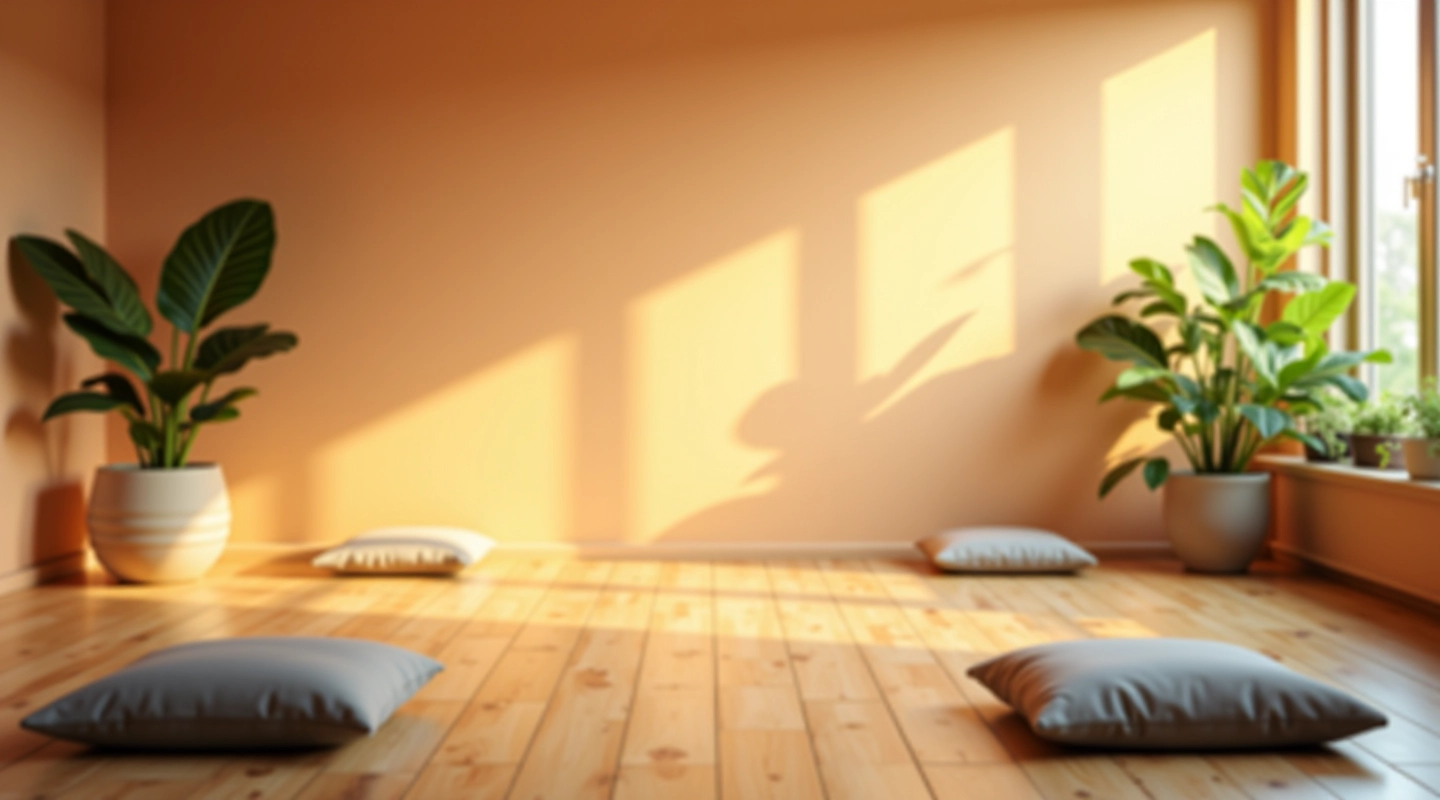 Rustige trainingsruimte met zachte verlichting en meditatiekussens