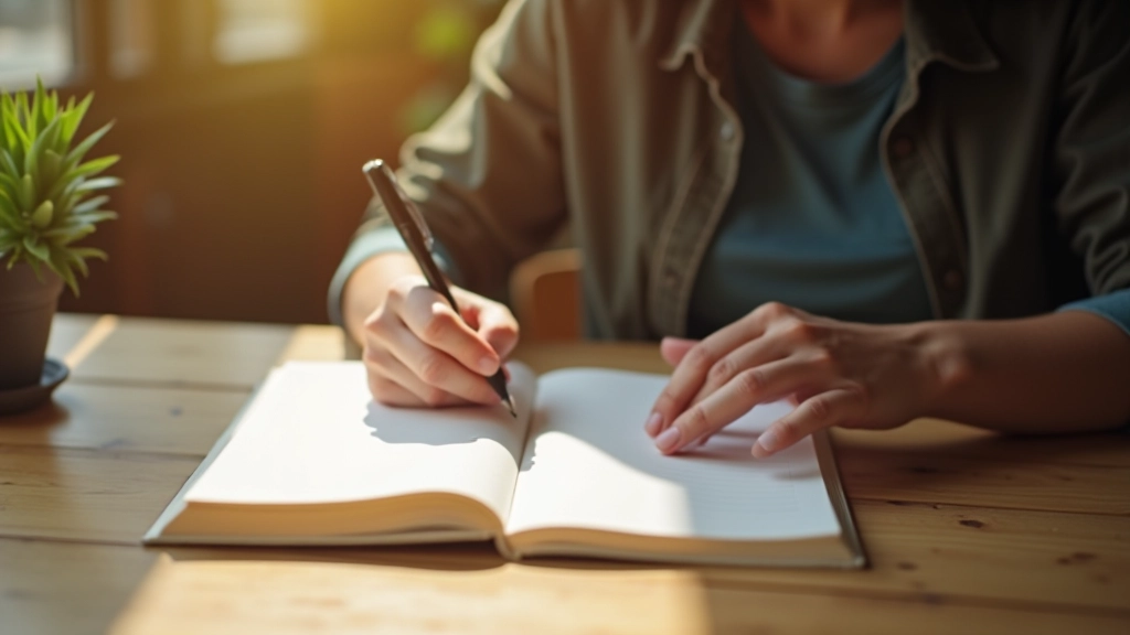 Close-up van iemand die in een open dagboek schrijft met een pen in de hand, zonlicht, schoon bureau