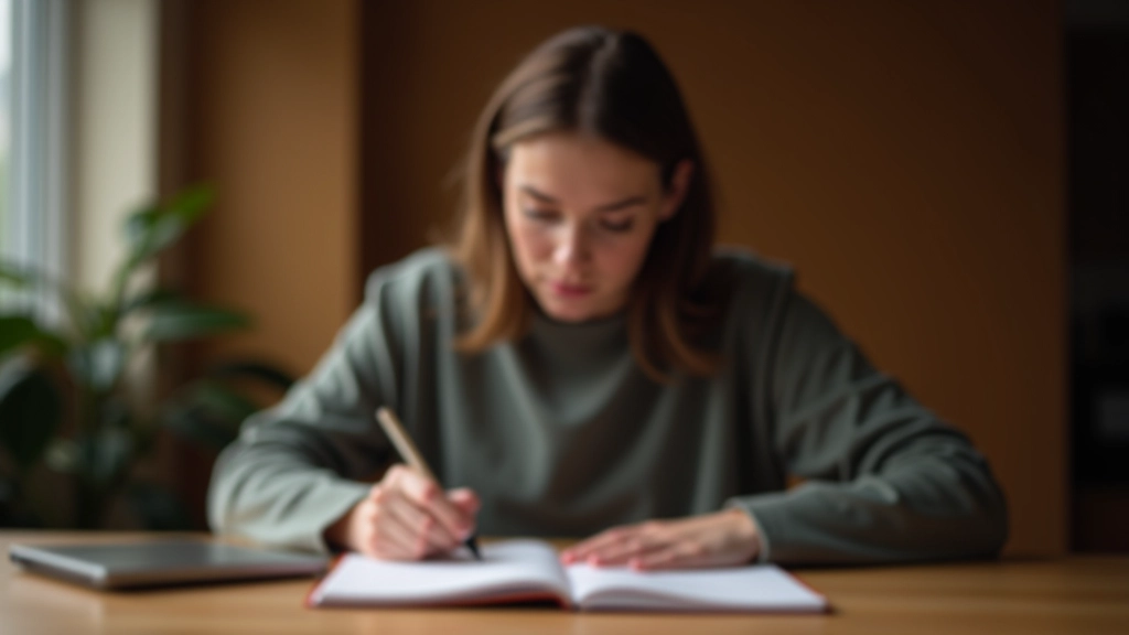 Persoon met pen in hand, schrijvend in dagboek, focus op het moment, warme verlichting