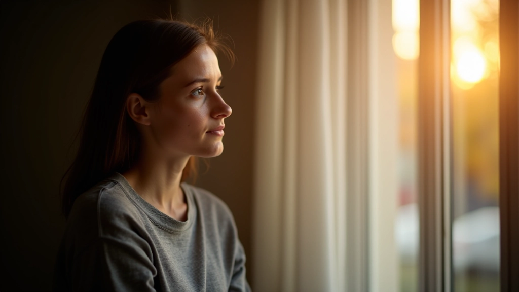 Persoon staart uit raam met reflectieve blik, zonlicht op gezicht, kalme pose