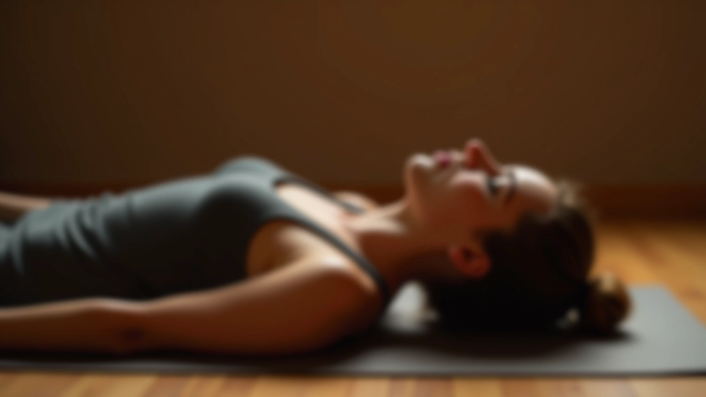 Persoon ligt op rug op yoga mat, voeten iets opgetild, ontspannen gezichtsuitdrukking, warm zaklicht, rustige sfeer
