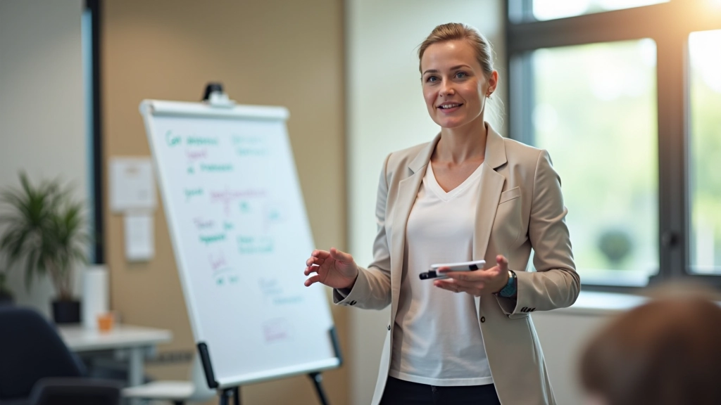Trainer die emotionele bewustzijnstechnieken uitlegt in professionele trainingsomgeving